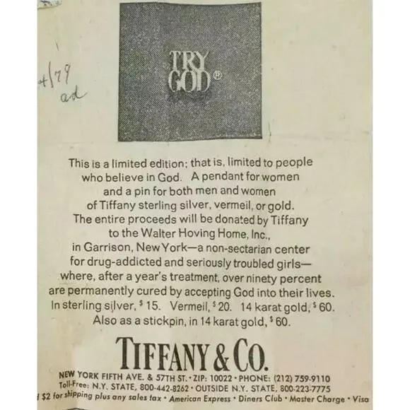 Vintage '70s Tiffany & Co Sterling Gold Overlay TRY GOD Vermeil Lapel Pin - Picture 5 of 5